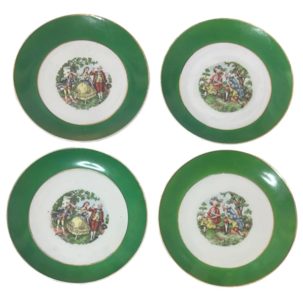 Vintage Courting Couple Plates Set 4 Pc Blume Japan Floral Green White Burgundy